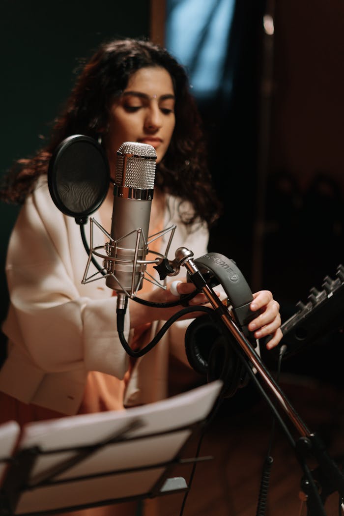 Woman in music studio setting up microphone for recording session.